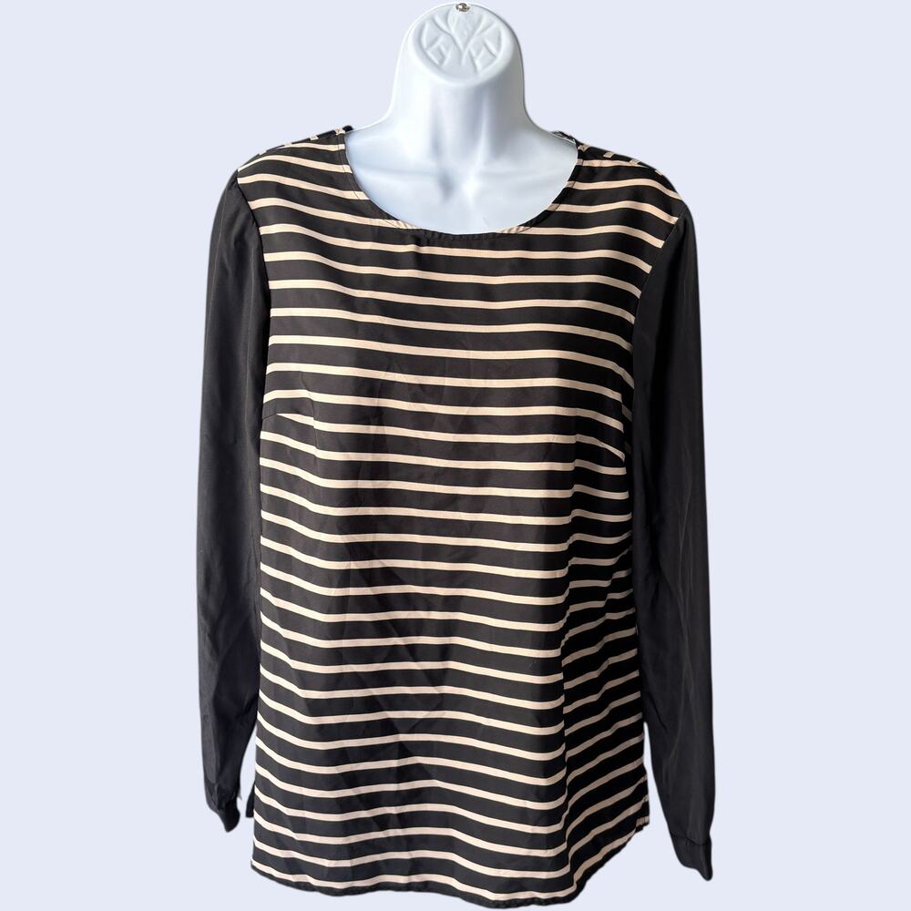New York & Company Minimalist Striped Blouse - Black Beige Classic Modern